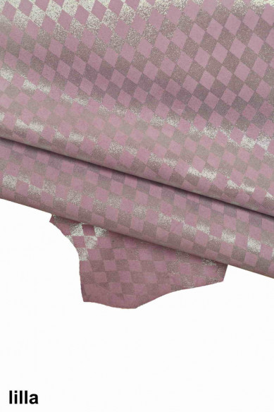 Pelle scamosciata laminata e stampata, pellame di camoscio metallizzato, capra morbida luminosa con disegno geometrico