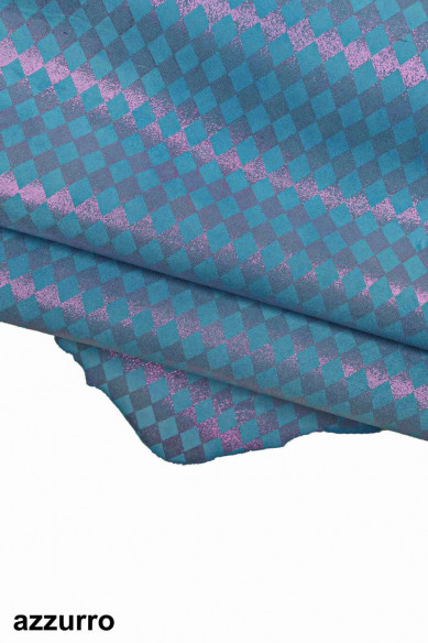 Pelle scamosciata laminata e stampata, pellame di camoscio metallizzato, capra morbida luminosa con disegno geometrico