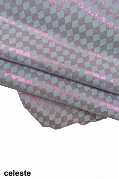 Pelle scamosciata laminata e stampata, pellame di camoscio metallizzato, capra morbida luminosa con disegno geometrico