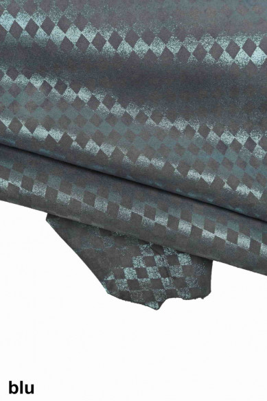Pelle scamosciata laminata e stampata, pellame di camoscio metallizzato, capra morbida luminosa con disegno geometrico