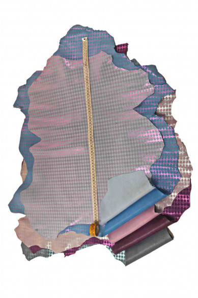 Metallic textured leather skin, soft bright suede goatskin, GEOMETRICAL print on soft skin
