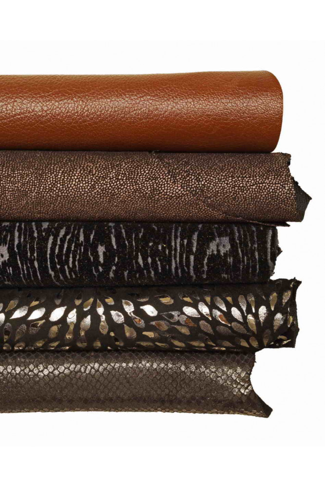 SET of metallic printed leather skins, assortment of matching goatskins as per picture