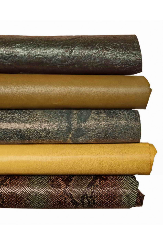 Pack of 5 GREEN leather skins, assortment of solid color, printed matching hides as per picture