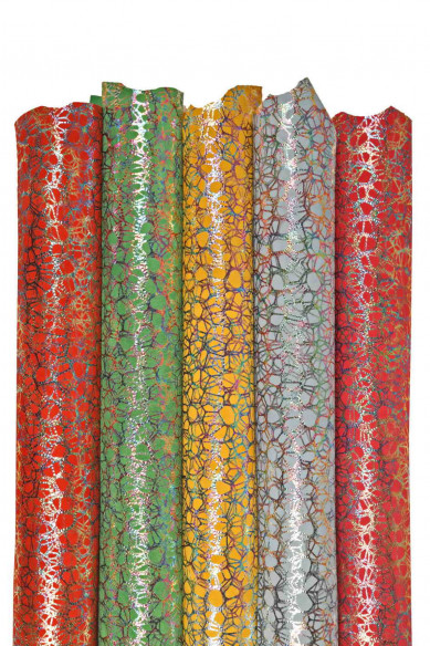 Pelle laminata IRIDESCENTE, camoscio colorato metallizzato, pellame di capra scamosciata morbida e luminosa