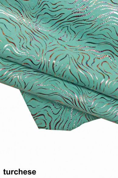 Pellame stampato con lamina OLEOGRAFICA, camoscio disegno simil ZEBRA, pelle di capra morbida metallizzata scamosciata
