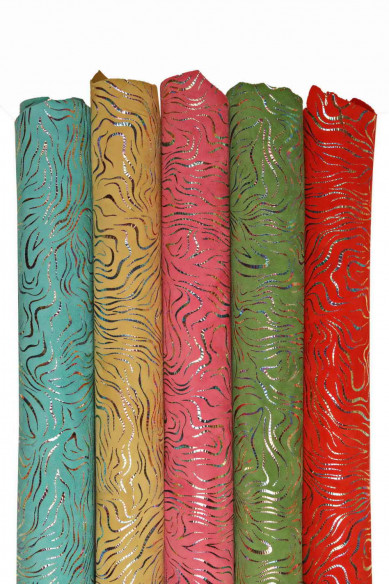 Metallic textured leather skin, HOLOGRAPHIC ZEBRA - like print ohn suede goatskin, soft bright printed skin