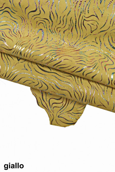 Pellame stampato con lamina OLEOGRAFICA, camoscio disegno simil ZEBRA, pelle di capra morbida metallizzata scamosciata