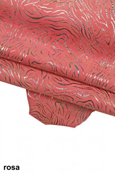 Pellame stampato con lamina OLEOGRAFICA, camoscio disegno simil ZEBRA, pelle di capra morbida metallizzata scamosciata