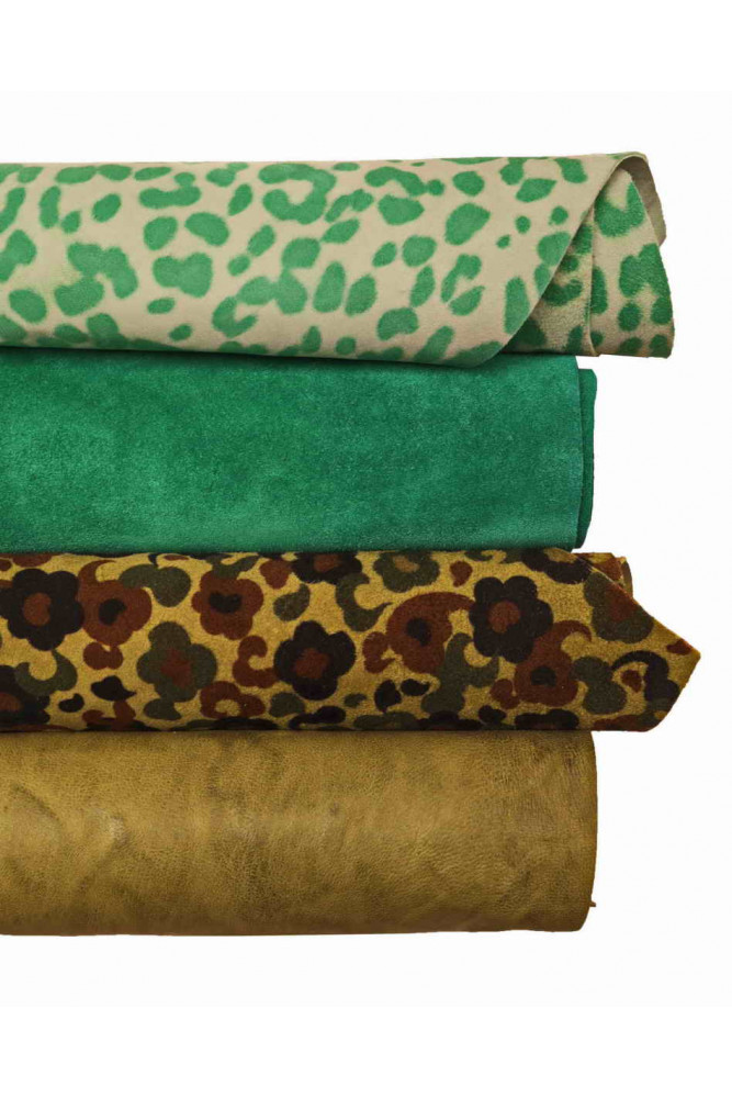 Assortment of GREEN leather hides, 4 solid color or printed as per picture
