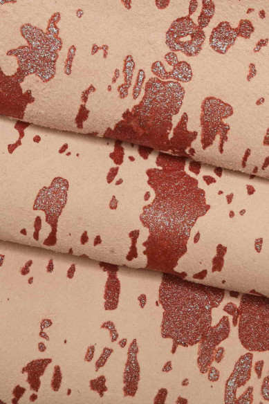 CAPRA scamosciata stampata, pelle effetto camoscio con disegno schizzo glitterato, pellame morbido con stampa astratta