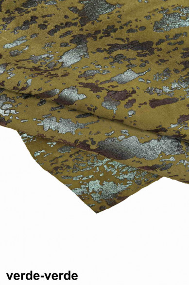 CAPRA scamosciata stampata, pelle effetto camoscio con disegno schizzo glitterato, pellame morbido con stampa astratta