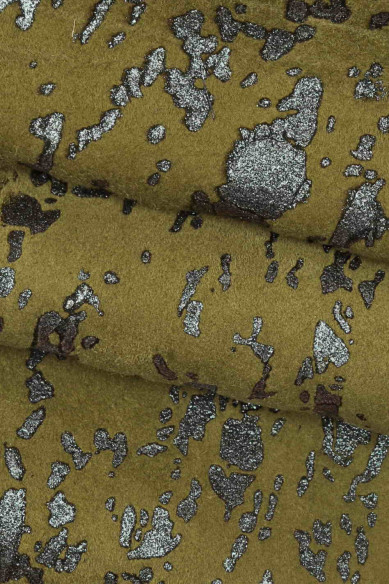 CAPRA scamosciata stampata, pelle effetto camoscio con disegno schizzo glitterato, pellame morbido con stampa astratta