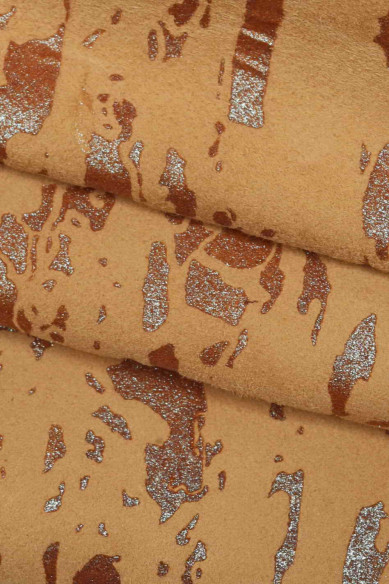 CAPRA scamosciata stampata, pelle effetto camoscio con disegno schizzo glitterato, pellame morbido con stampa astratta