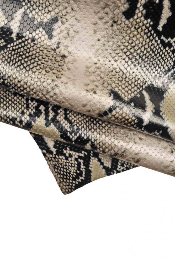 SNAKE textured leather hide, grey black python pattern on cowhide, animal printed calfskin, medium softness