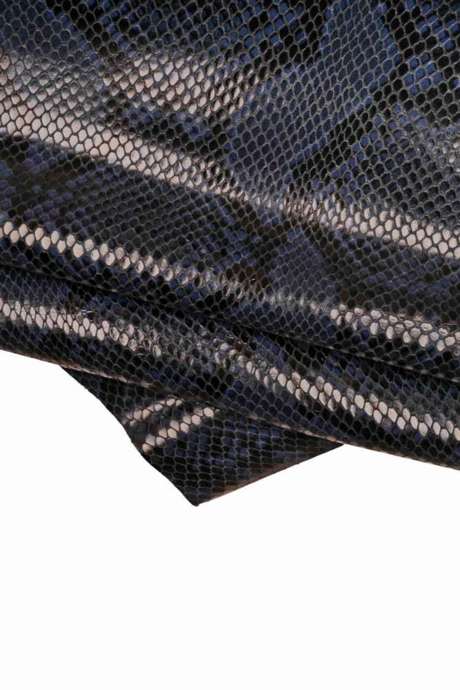Black blue PYTHON textured leather hide, animal print on glossy cowhide, soft snake printed calfskin