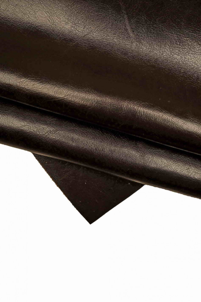 Dark BROWN leather hide, sporty vintage wrinkled cowhide, glossy calfskin, medium softness, 1.3 - 1.5 mm