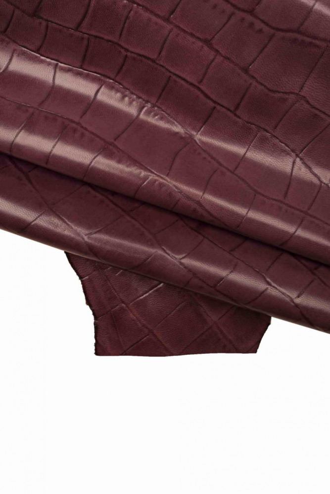 Purple crocodile EMBOSSED leather skin, glossy croc printed hide, stiff goatskin with print