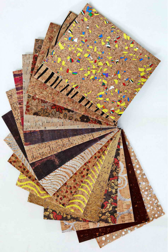 10 Natural CORK on LEATHER cowhide sheets backed cork multicolor print, RANDOM selection, mix of printed and solid colors