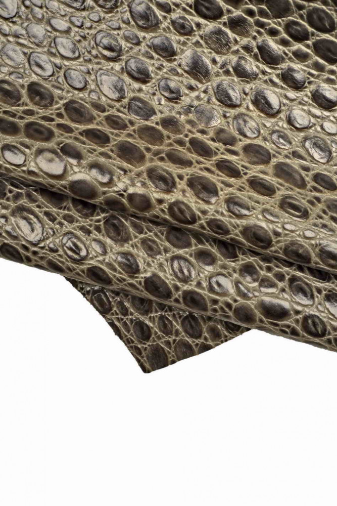 Grey crocodile EMBOSSED leather hide, glossy animal print cowhide, croc texture on stiff calfskin