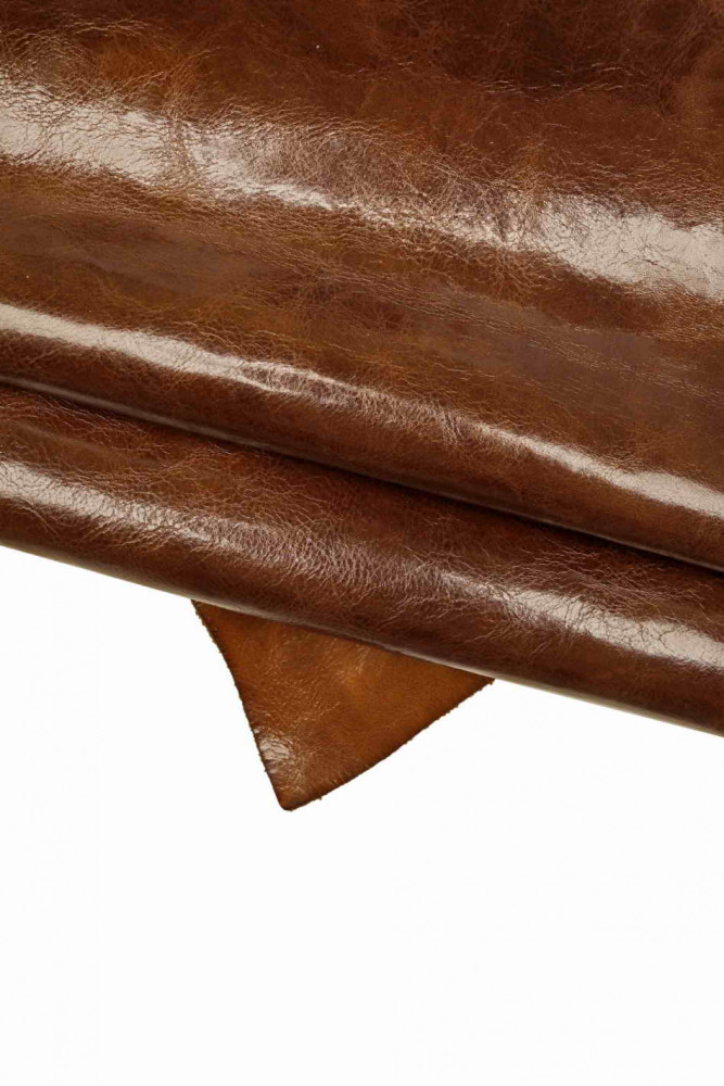BROWN super vintage leather hide, vegetable tan pull up wrinkled cowhide, glossy stiff grunge calfskin