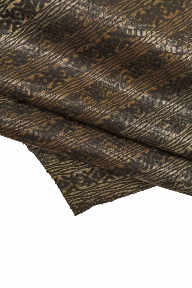 Black grey brown TEXTURED cowhide, soft printed leather skin, stripes pattern on glossy calfskin