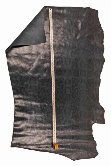 Blue black reptile PYTHON texture leather hide, animal snake print on glossy cowhide, printed calfskin medium softness