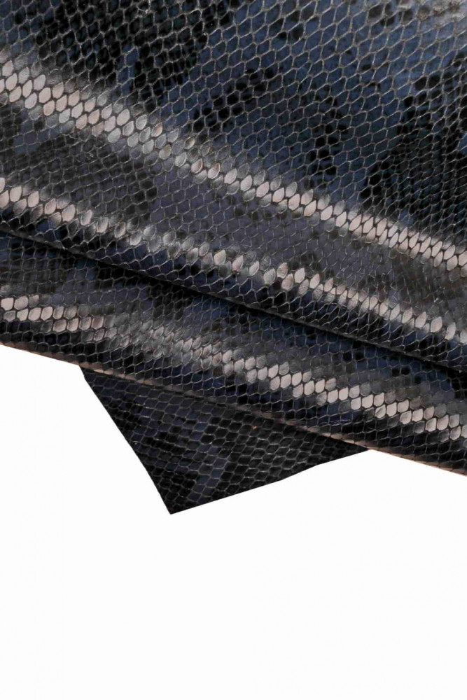 Blue black reptile PYTHON texture leather hide, animal snake print on glossy cowhide, printed calfskin medium softness