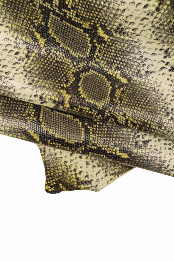 PYTHON textured goatskin, reptile printed glossy leather skin, cream, green, yellow snake pattern on soft skin