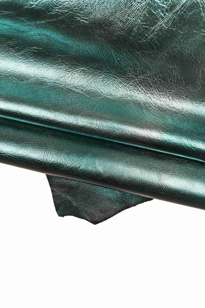 Petroleum blue METALLIC leather skin with steel metal shades, wrinkled goatskin, glossy skin, medium softness