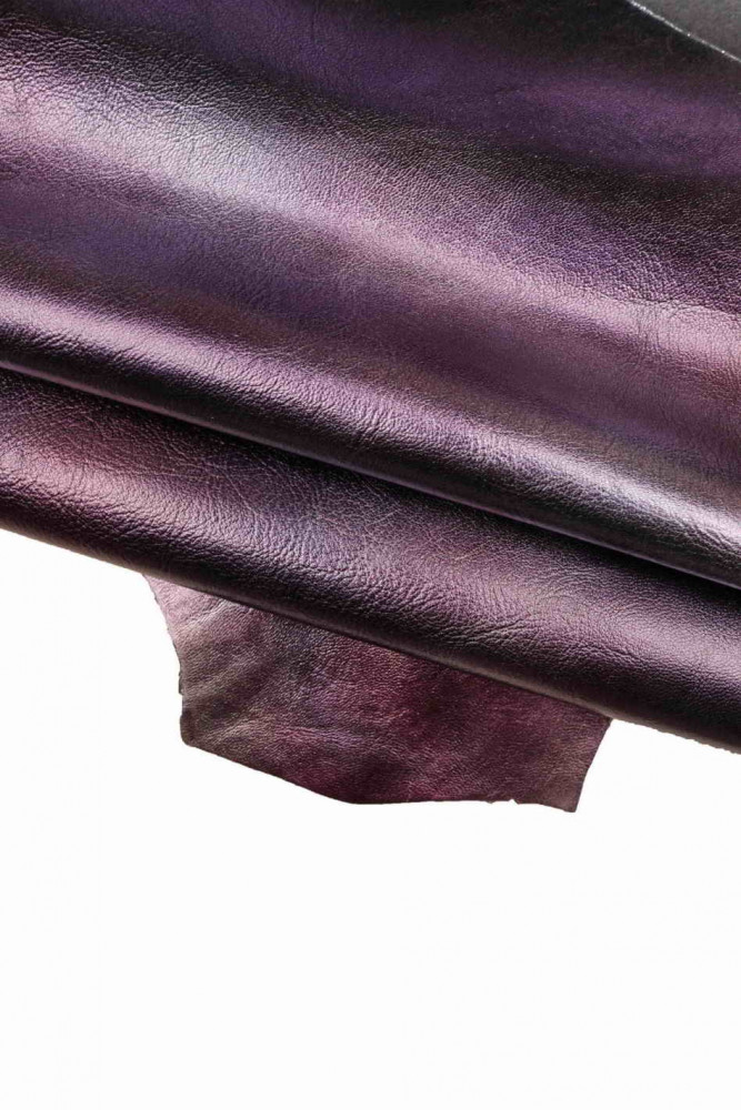 Purple METALLIC leather skin, glossy wrinkled violet goatskin with shades, medium softness