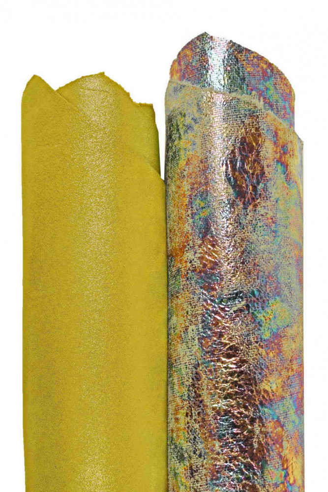 2 ASSORTED leather skins, mix of yellow green leather hides, metallic printed goatskins