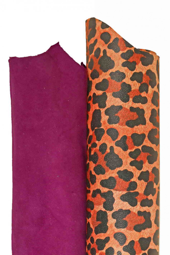 MIX of 2 orange and purple leather skins, 2 matching goatskins, 1 leopard printed skin and 1 purple smooth suede