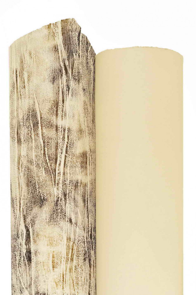 SET of 2 grey beige leather hides, assortment of matching skins, 1 smooth cowhide and 1 printed goatskin