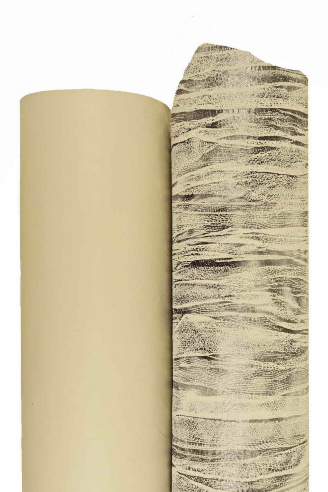 Set of 2 GREY beige leather hides, mix of 1 smooth calfskin and 1 metallic printed skin