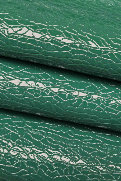 Petroleum green and dark grey PATENT leather hide, crackle like printed cowhide, glossy calfskin, medium softness