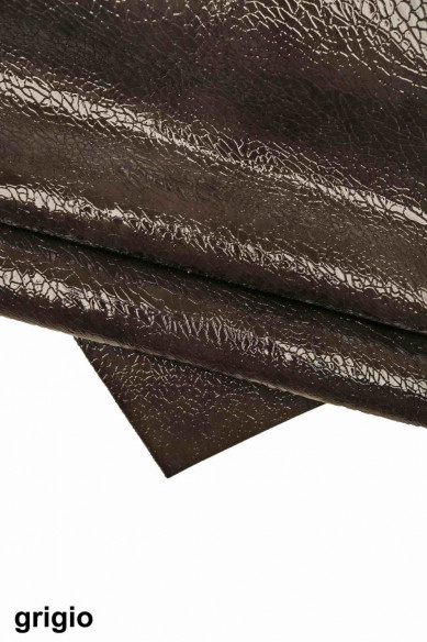 Petroleum green and dark grey PATENT leather hide, crackle like printed cowhide, glossy calfskin, medium softness
