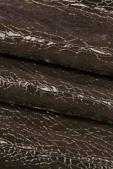 Petroleum green and dark grey PATENT leather hide, crackle like printed cowhide, glossy calfskin, medium softness