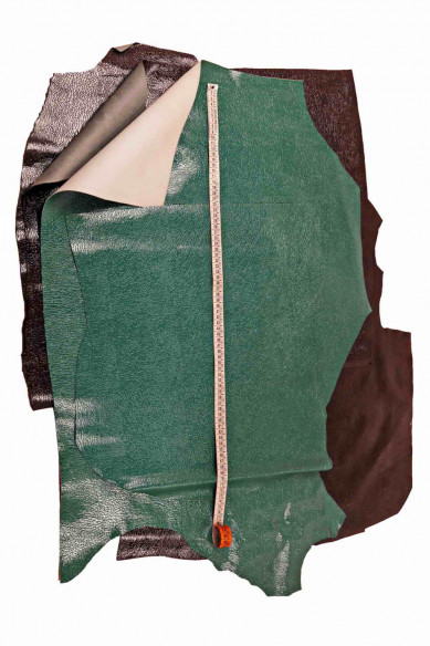 Petroleum green and dark grey PATENT leather hide, crackle like printed cowhide, glossy calfskin, medium softness