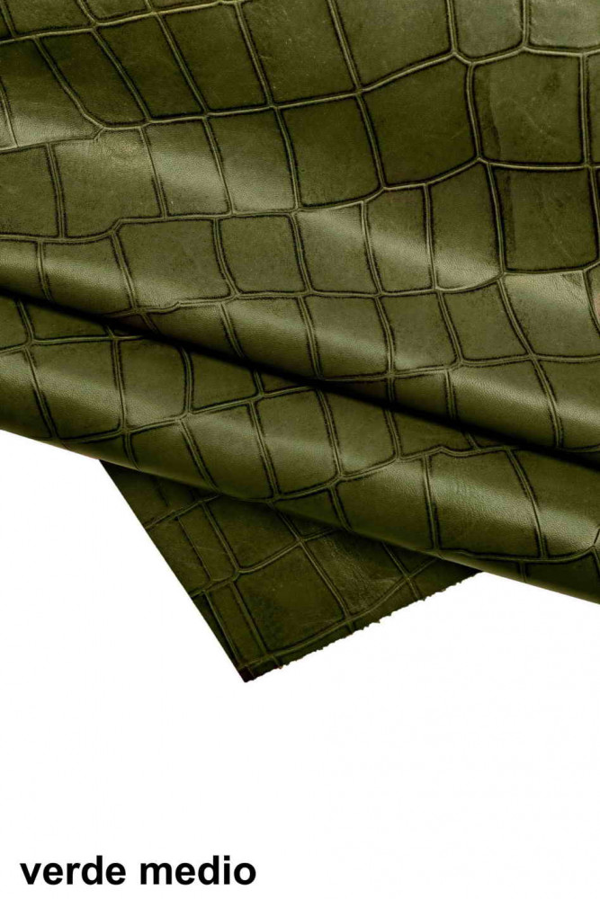 Green CROCODILE embossed leather hide, glossy croc printed calfskin, green cowhide, medium softness