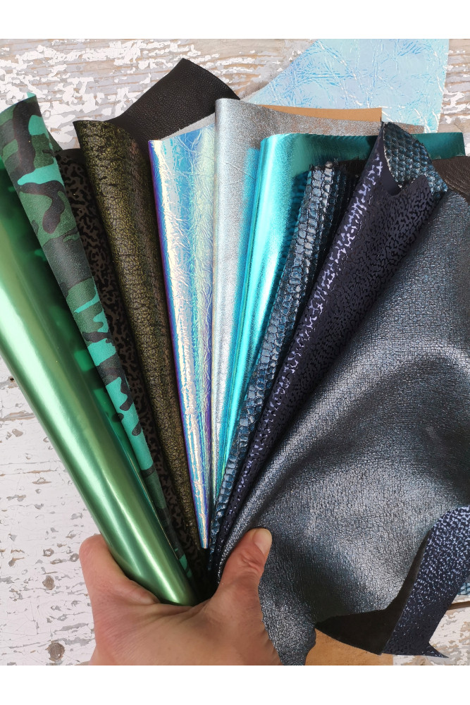 10 Selected leather scraps, BLUE and GREEN tones, mix colorful selection leather remnants as per pictures