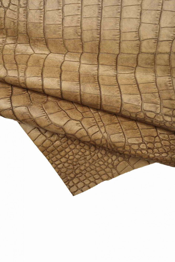 Brown CROCODILE embossed leather hide, vintage croc printed cowhide, semi glossy stiff calfskin