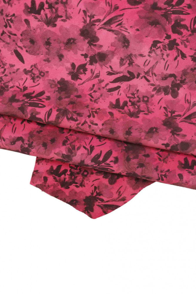Fuchsia FLORAL textured suede calfskin, black flower print on pink soft cowhide