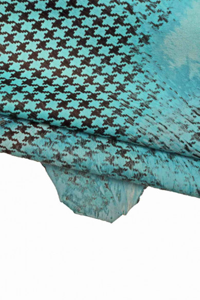 Pied de poule PRINTED hair on leather hide, light blue black pony calfskin, vintage distressed soft cowhide