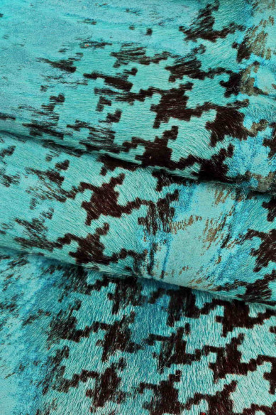 Pied de poule PRINTED hair on leather hide, light blue black pony calfskin, vintage distressed soft cowhide