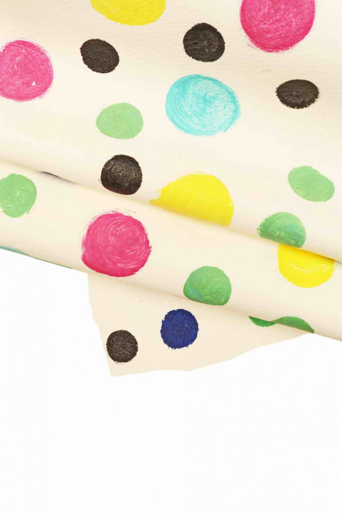 Multicolor polka DOTS leather skin, colorful print on cream goatskin, original handpainted soft skin