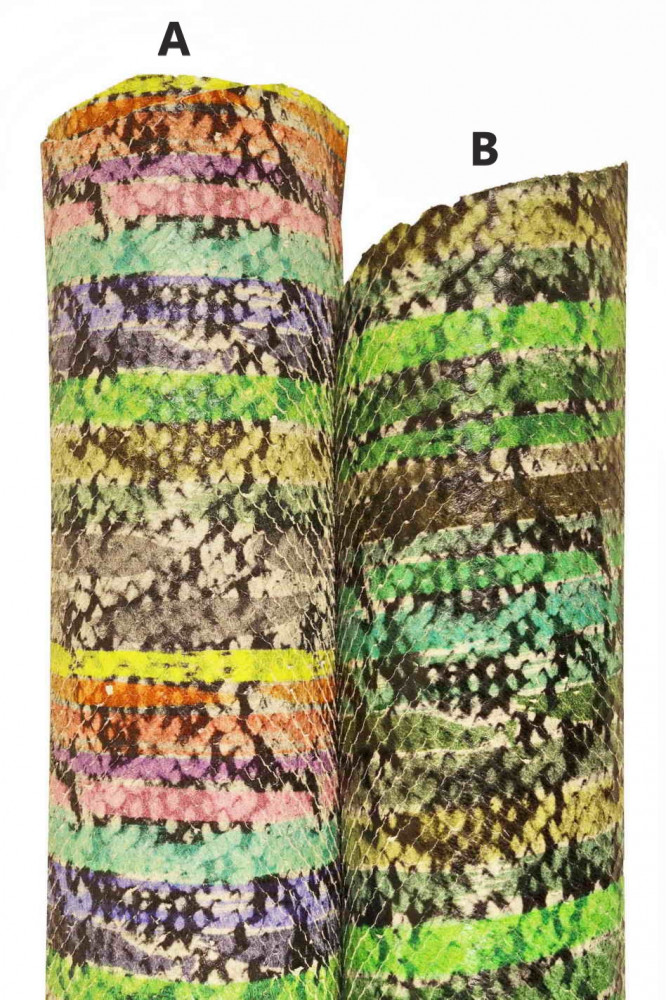 PYTHON printed leather skin, green multicolor snake pattern on carved goatskin, reptile print on soft hide