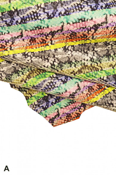 PYTHON printed leather skin, green multicolor snake pattern on carved goatskin, reptile print on soft hide