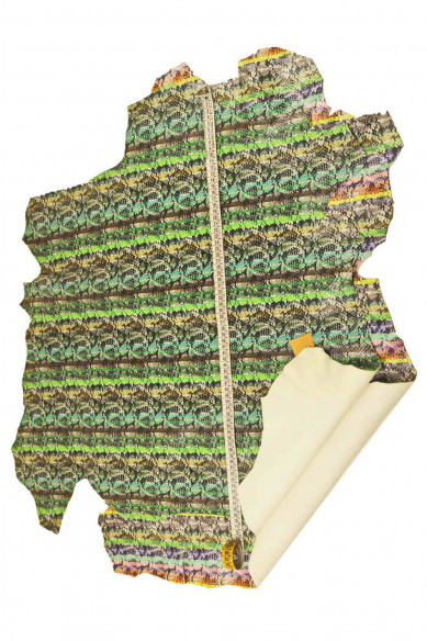 PYTHON printed leather skin, green multicolor snake pattern on carved goatskin, reptile print on soft hide