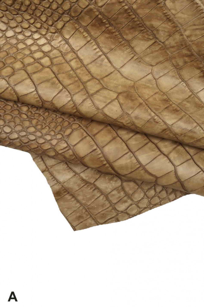 BROWN crocodile embossed leather hide, animal croc print on vintage cowhide, semi glossy stiff calfskin with shades