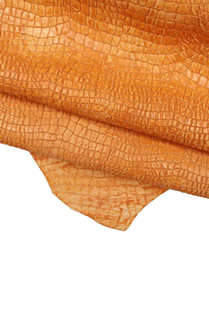Orange CROCODILE embossed leather skin, croc print on handpainted goatskin, semiglossy soft skin